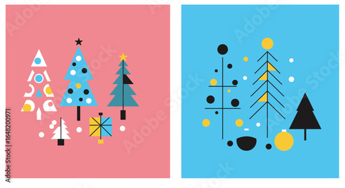 Flat style Christmas illustration with three decorated pine trees and gift boxes. Festive holiday scene for greeting cards, winter designs, social media and seasonal banners.