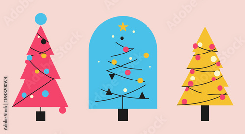 Flat style Christmas illustration with three decorated pine trees and gift boxes. Festive holiday scene for greeting cards, winter designs, social media and seasonal banners.