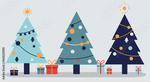 Flat style Christmas illustration with three decorated pine trees and gift boxes. Festive holiday scene for greeting cards, winter designs, social media and seasonal banners.