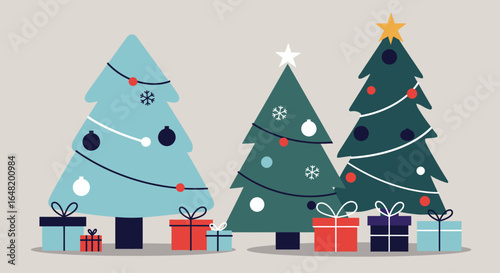 Flat style Christmas illustration with three decorated pine trees and gift boxes. Festive holiday scene for greeting cards, winter designs, social media and seasonal banners.
