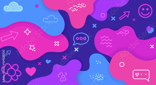 Colorful abstract background illustration with gradient blue pink shapes and cute line icons like chat bubbles, hearts, smiley and stars. Modern social media themed backdrop.