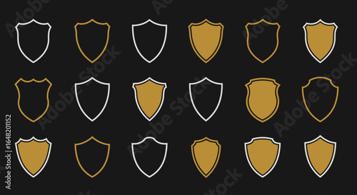 Elegant outline shield frame collection in gold and silver on dark background. Luxury emblem and badge templates for premium logo, security symbol, heraldic design and branding