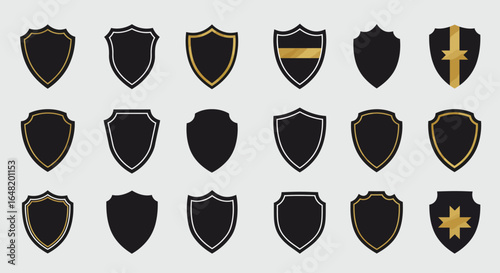 Elegant outline shield frame collection in gold and silver on dark background. Luxury emblem and badge templates for premium logo, security symbol, heraldic design and branding