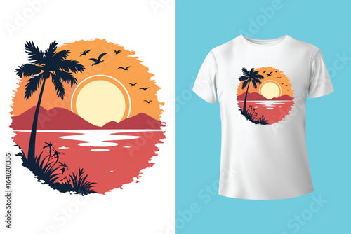 Colorful summer t-shirts on display at a vibrant store during sunny days.	