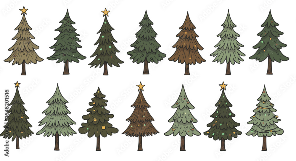 Obraz premium Set of hand-drawn Christmas tree illustrations in various styles, decorated with stars and ornaments. The collection includes both classic evergreen pines and stylized holiday trees, perfect for festi