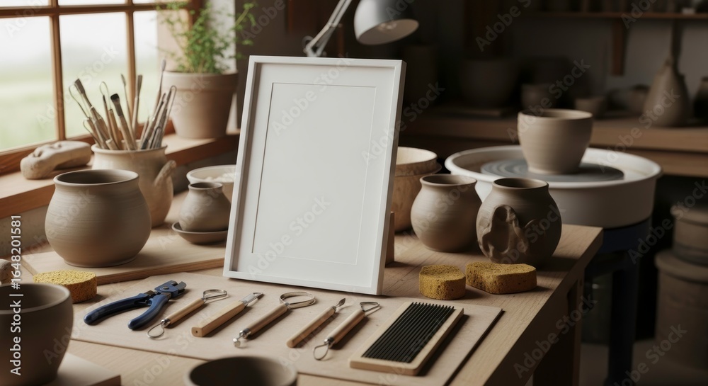 Fototapeta premium A pottery studio scene with a blank frame surrounded by tools and various clay pots and ceramics work