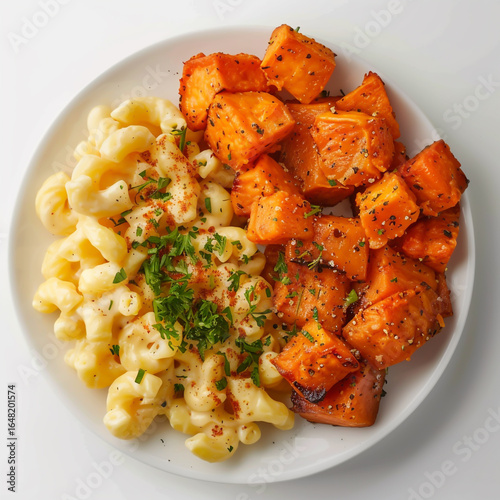 Candied yams and creamy macaroni, plated neatly on white porcelain, warm lighting, styled for soul food magazine, clean background, top view, food photography