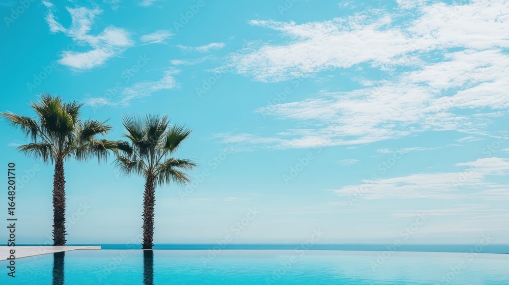 Fototapeta premium Serenity by the Pool: Two Palm Trees Framing an Infinity Pool Overlooking a Calm Ocean Under a Blue Sky