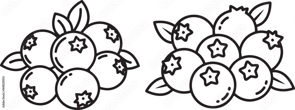 Fototapeta premium Blueberry illustration featuring fresh clusters with leaves, isolated as a simple outline graphic