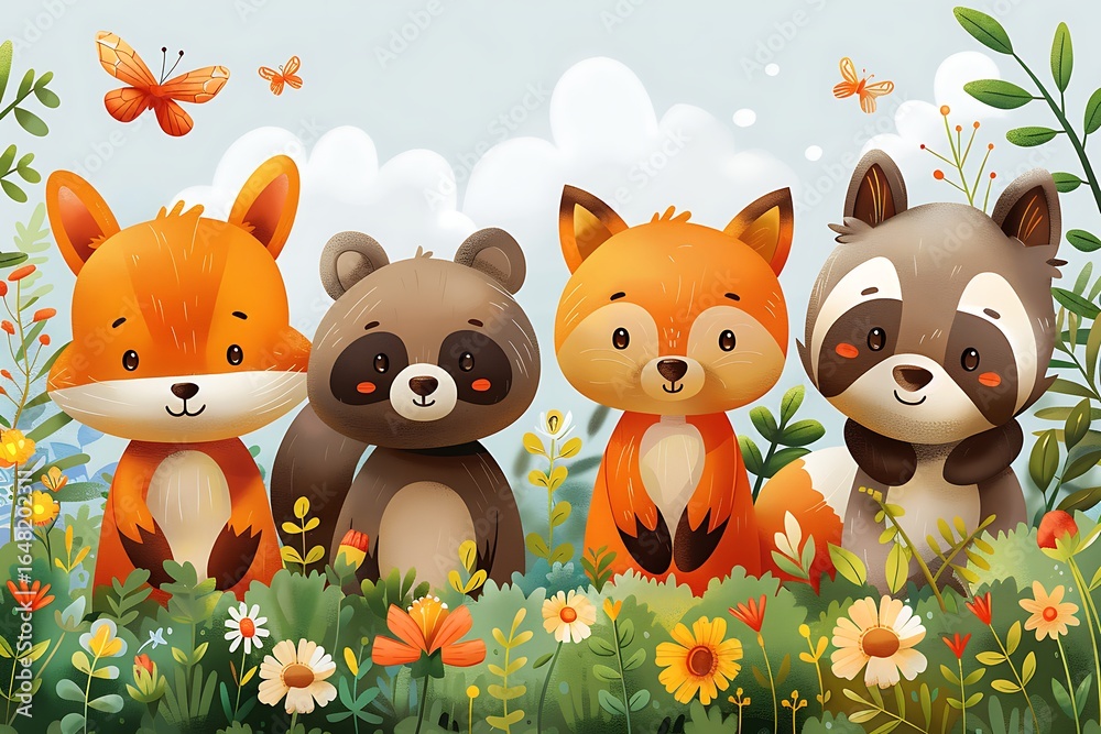 Naklejka premium Cartoon forest creatures sitting among colorful flowers high resolution picture