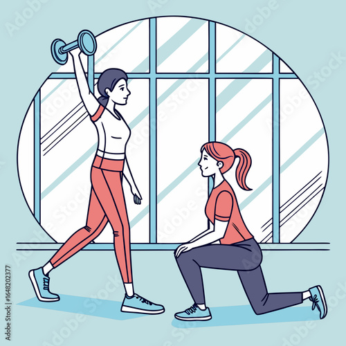 Gym instructor helping student, modern fitness vector.