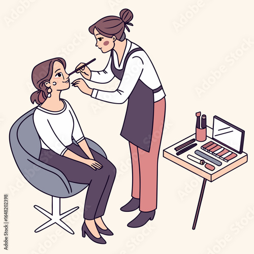 Makeup artist working on client, professional beauty vector.