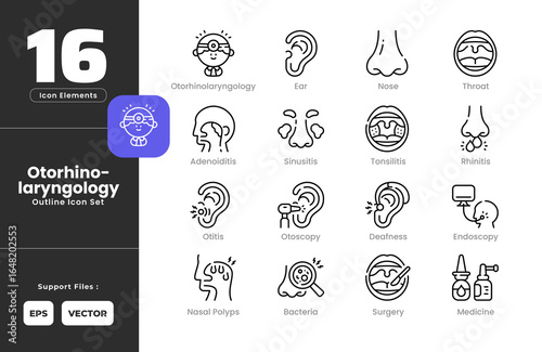 Otorhinolaryngology Symptoms Icon Set Collection - Outline Line Art Style. Ear, Nose, Throat, Adenoiditis, Sinusitis, Tonsilitis, Rhinitis, Otitis, Otoscopy, Deafness, Endoscopy, Nasal Polyps, Surgery