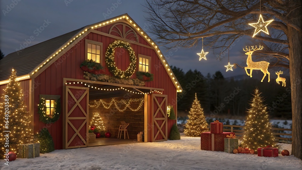 Fototapeta premium A christmas decorated barn with lights, trees, presents, and reindeer decorations outside
