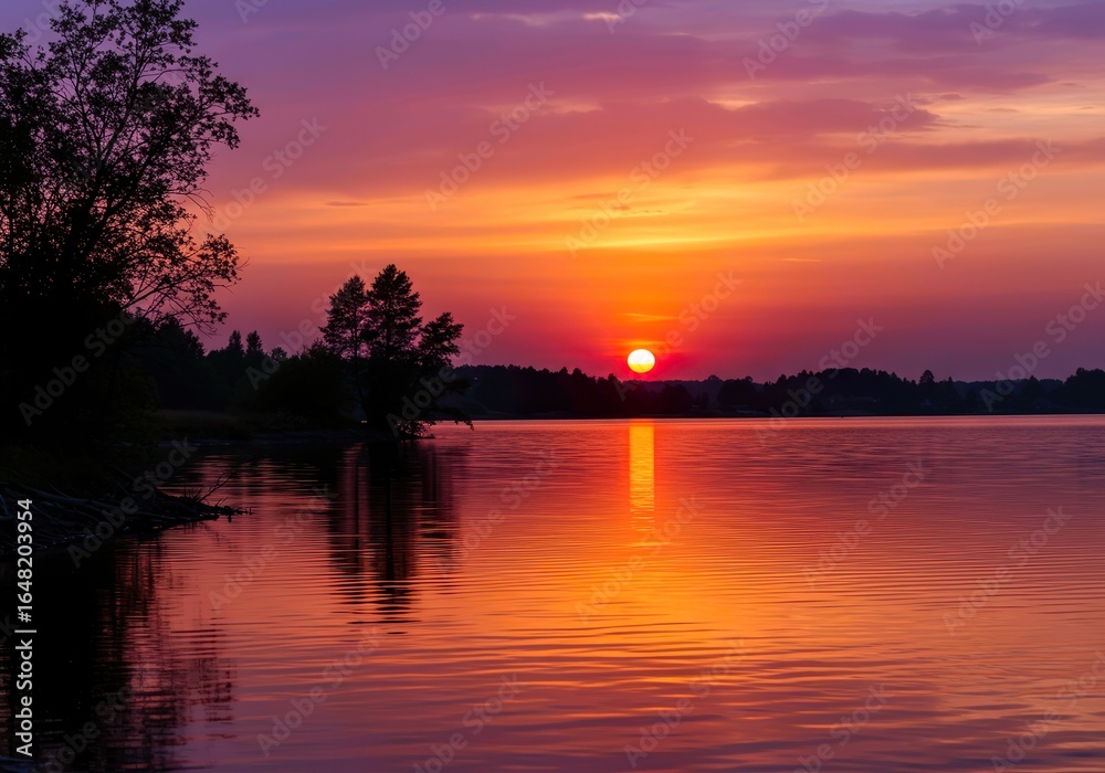 Obraz premium sunset on lake, meadow, field, city, sea