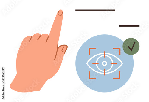 Hand gesture aiming at blue eye recognition target surrounded by scan lines and green verification mark. Ideal for biometrics, security, authentication, validation, technology, access control, simple
