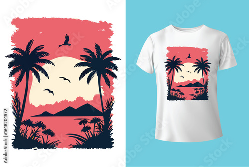 Colorful summer t-shirts on display at a vibrant store during sunny days.	