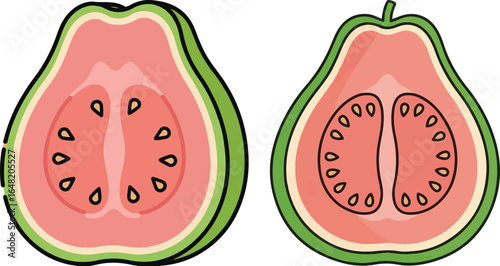 Guava halves illustration with seeds, light pink flesh, green skin and black outline.