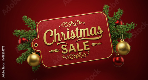 A christmas sale tag with gold lettering and ornaments on a red background with pine branches