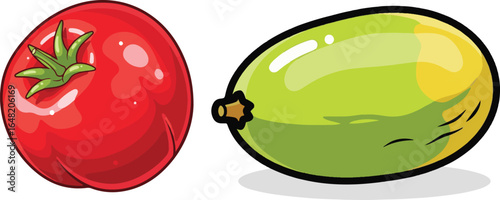 Cartoon illustration of a red tomato and green squash