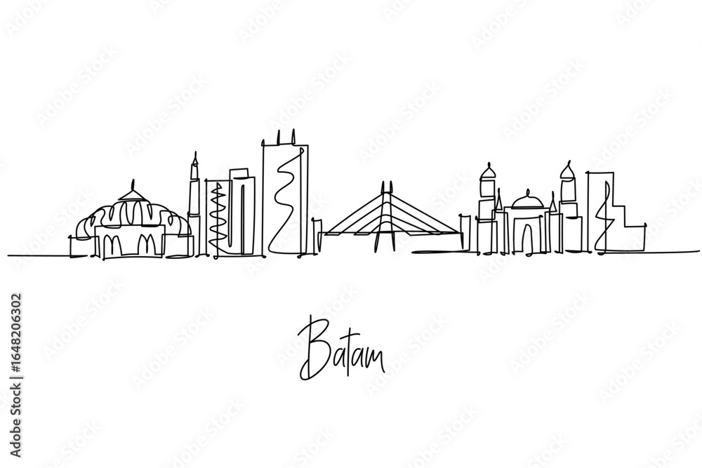 Obraz premium Batam city skyline in Indonesia rendered as a continuous line drawing with Barelang Bridge and waterfront towers, a minimalist city silhouette concept underlining Riau Islands trade tech and travel.