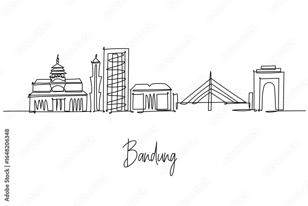Naklejka premium Bandung city skyline in Indonesia as a continuous line drawing featuring Gedung Sate and Pasupati Bridge, a minimalist city silhouette concept celebrating West Java culture and landmarks.
