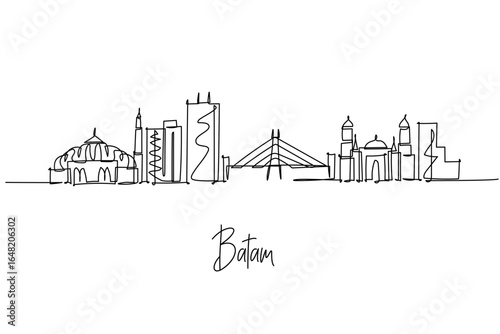 Batam city skyline in Indonesia rendered as a continuous line drawing with Barelang Bridge and waterfront towers, a minimalist city silhouette concept underlining Riau Islands trade tech and travel.