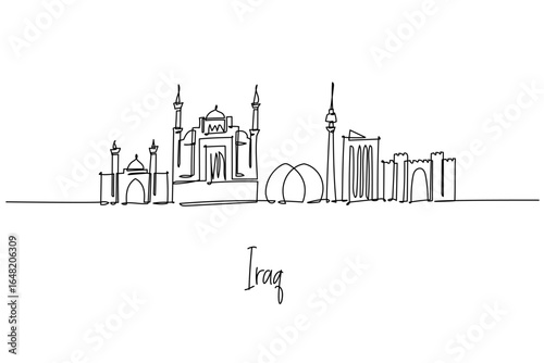 Iraq national skyline in a continuous line drawing with Al Shaheed Monument, Baghdad Tower, and ancient gates, a minimalist city silhouette concept honoring Mesopotamian heritage and modern culture.