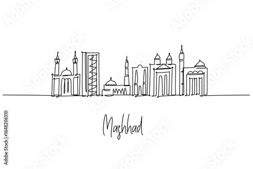 Mashhad city skyline in Iran as a continuous line drawing highlighting the Imam Reza Shrine and nearby minarets, a minimalist city silhouette concept reflecting pilgrimage culture and modern growth.