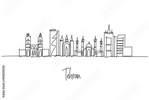 Tehran city skyline in Iran as a single line drawing with Azadi Tower, Milad Tower, and high rises, a minimalist city silhouette concept capturing Alborz mountain capital life and Persian design.