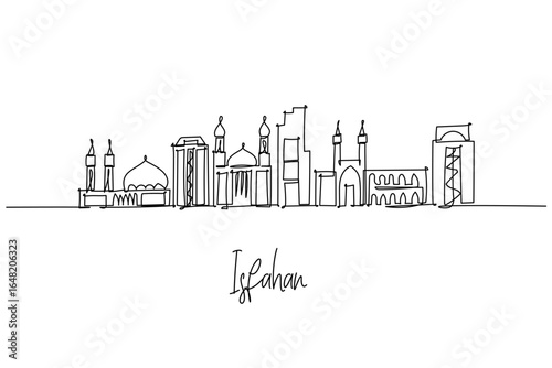 Isfahan city skyline in Iran in a one line drawing with Si o se pol bridge, Imam Mosque, and historic arches, a minimalist city silhouette concept celebrating Persian art and Safavid heritage.
