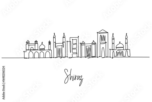 Shiraz city skyline of Iran rendered as a one line drawing with Nasir al Mulk Mosque Arg of Karim Khan and Shah Cheragh, a city silhouette concept honoring Persian heritage in Fars Province.