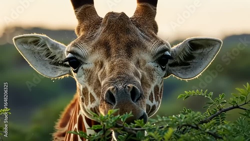 Close-up of a giraffe in a lush green environment during sunset, showcasing its features