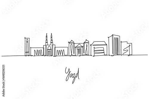 Yazd city skyline in Iran shown as a continuous line drawing with Jameh Mosque Amir Chakhmaq and windcatchers, a city silhouette concept highlighting desert architecture and Zoroastrian heritage.