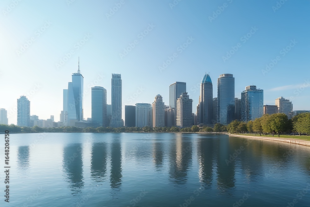 Naklejka premium Modern City Skyline Reflected in Calm Water