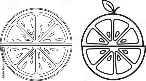 Outline illustration of two cut orange fruit slices, vector design element
