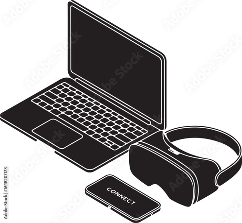 Black and White Isometric Illustration of Modern Technology Featuring Laptop VR Headset and Smartphone Connectivity for Digital World Immersion