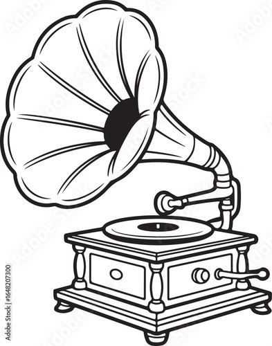 Vintage Gramophone Outline Vector Icons Large Decorative Horn, Turntable Base, Classic Music Design