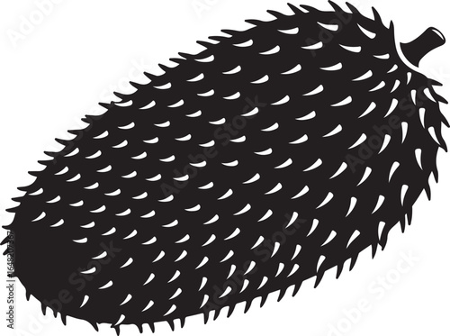Soursop vector illustration in black and white, depicting a spiky, tropical fruit design element.