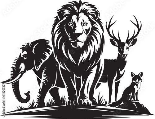 Black and White Silhouette of Lion Elephant Deer and Fox Standing Together on a Hill Depicting Wildlife Conservation and Interconnected Ecosystems in Nature