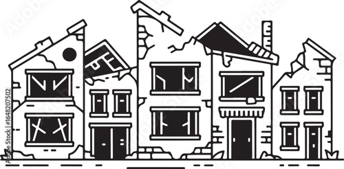 Abandoned Building Line Art Icons Cracked Walls, Broken Windows, Tilted Roof, Debris Details, Eroded Facade