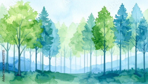 霧に包まれた朝の森を、水彩画で柔らかく表現した作品です。
緑と青の色合いが自然に混ざり合い、静かな朝の雰囲気を演出します。