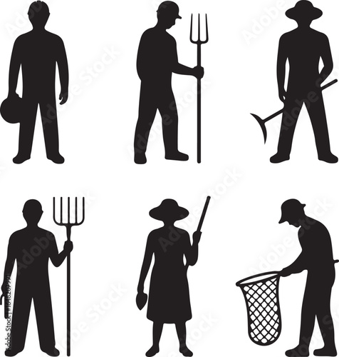 Black Silhouettes of Diverse Farmers and Laborers Engaged in Agricultural Activities Showing Harvesting Planting and Tending with Various Tools