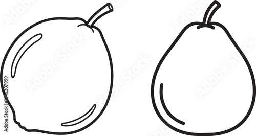 Black and white illustration of a fresh lemon and pear fruit
