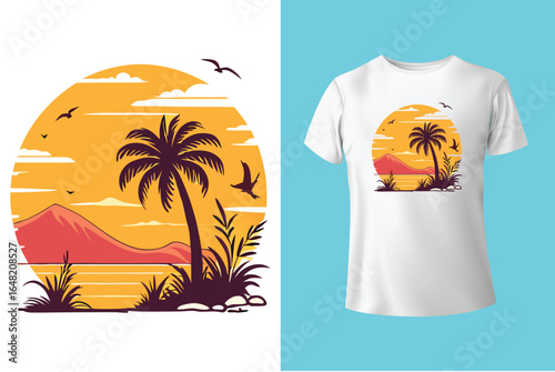 Colorful summer t-shirts on display at a vibrant store during sunny days.	