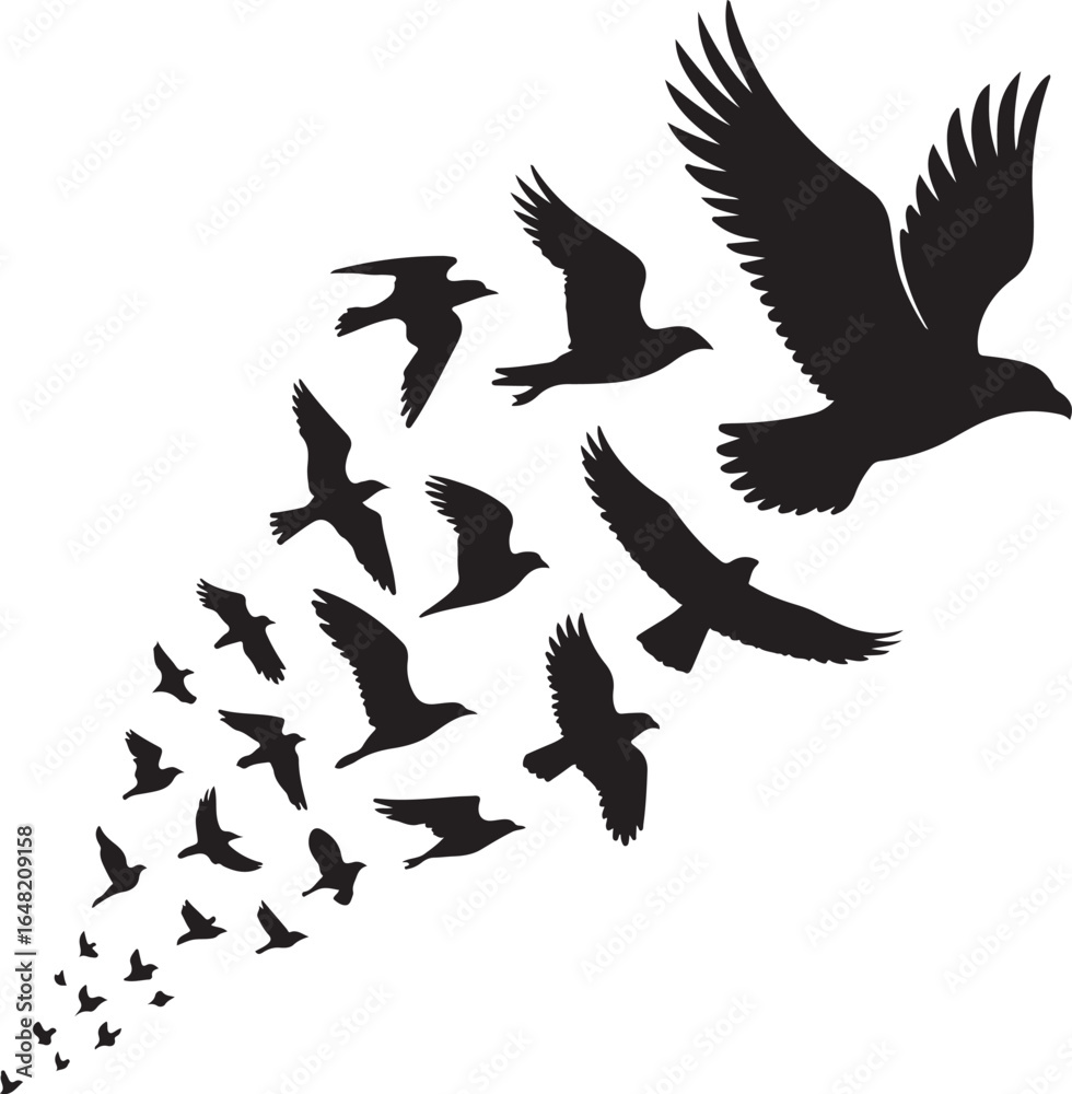 Fototapeta premium Dynamic Flock of Birds Ascending in Formation against a Clean White Background Symbolizing Freedom and Unity Vector Graphic Illustration
