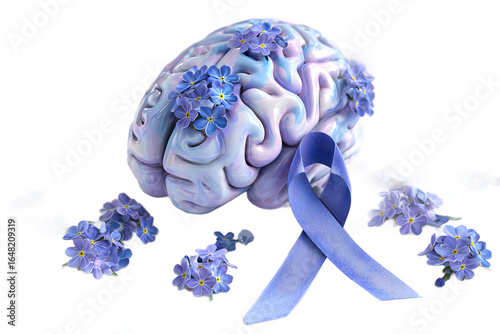 Human Brain with Purple Flowers and Awareness Ribbon, Symbolizing Alzheimer’s Disease, Dementia Support, and Mental Health Awareness