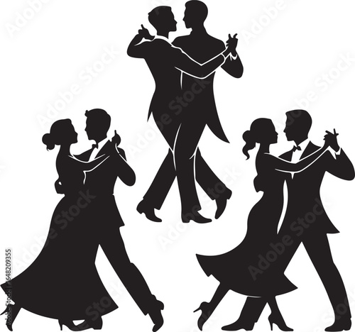Elegant Dance Silhouettes of Couples in Formal Attire Displaying Grace and Passion Featuring Ballroom Dancers Performing Choreographed Routines on White Background