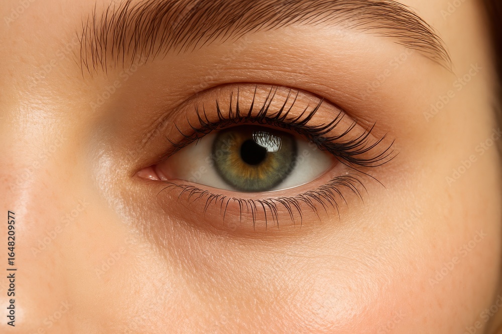 Fototapeta premium Captivating close-up portrait showcasing natural beauty with subtle makeup and striking eye details