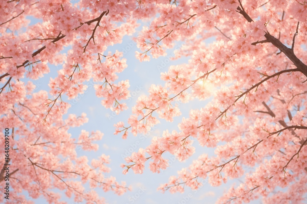 Fototapeta premium Cherry blossom branches in full bloom creating delicate pink canopy against soft sky